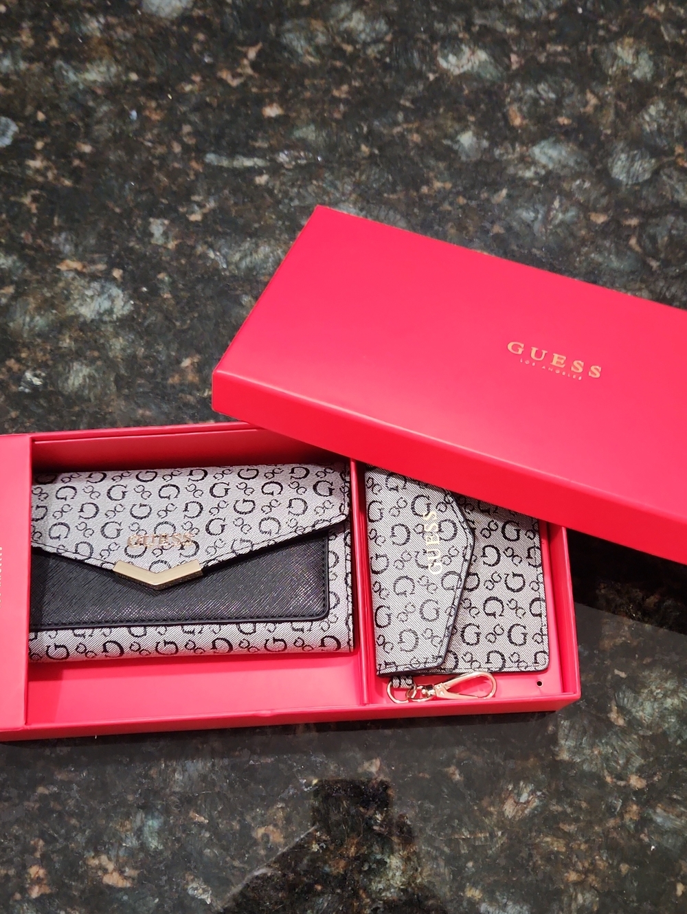 Guess Beige Monogram Envelope Wallet & Card Holder Set with Black Trim